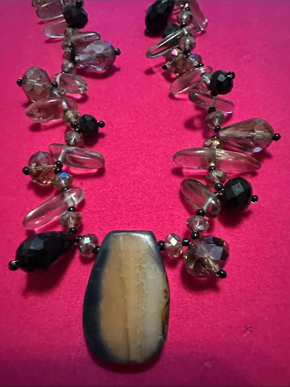 Beaded Agate Pendant Necklace in Smoky Brown and Gold